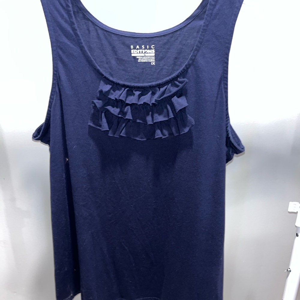 Basic Editions Women's Dark Blue Ruffle Tank Top